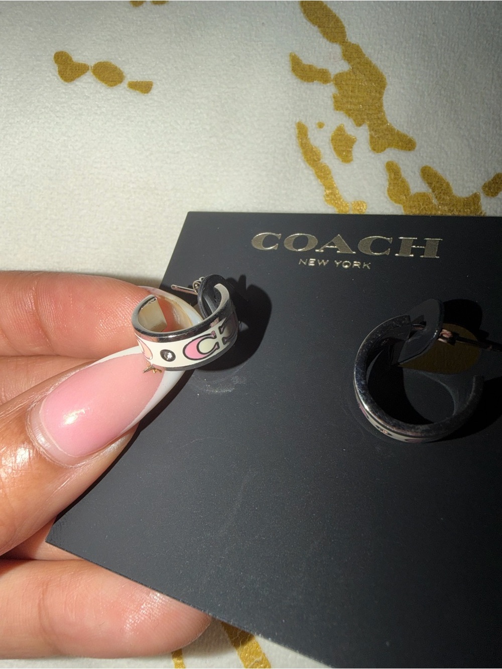 Coach White and Pink Silver Enamel C Hoop Earrings